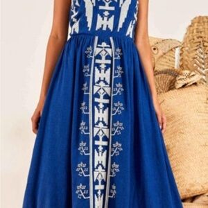 Blue Macaw Maxi Dress with White Embroidery